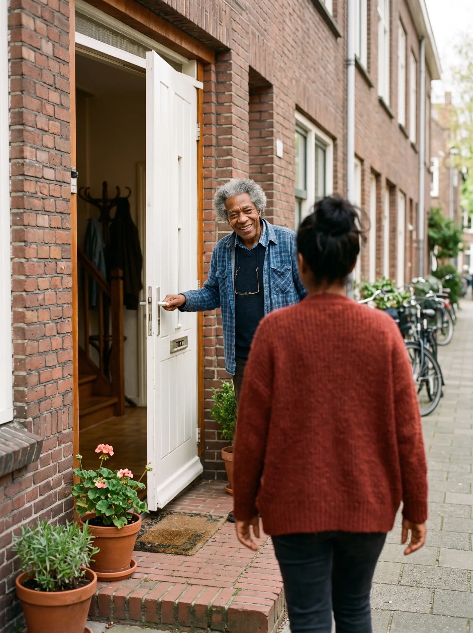 Zorgverlener en dochter bij de voordeur van een oudere vrouw